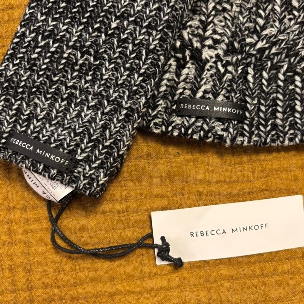 Rebecca Minkoff Beanie and Arm Warmer Set Marled Knit Black White One Size - Picture 2 of 4